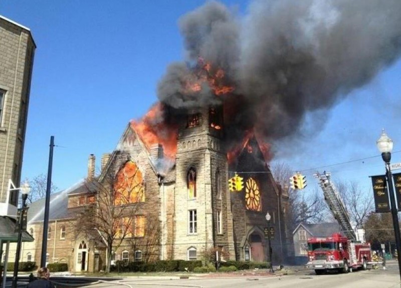 Ada First United Methodist Church fully engulfed in flames on March 13, 2012. 