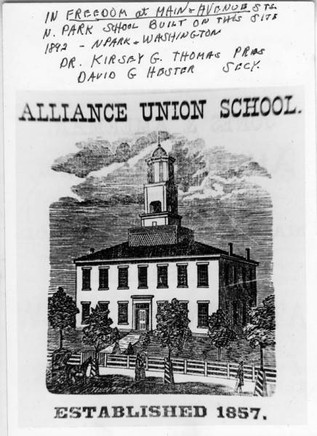 This etching of the first school built at N. Park and Washington appeared in McKee's 1868 Business Directory