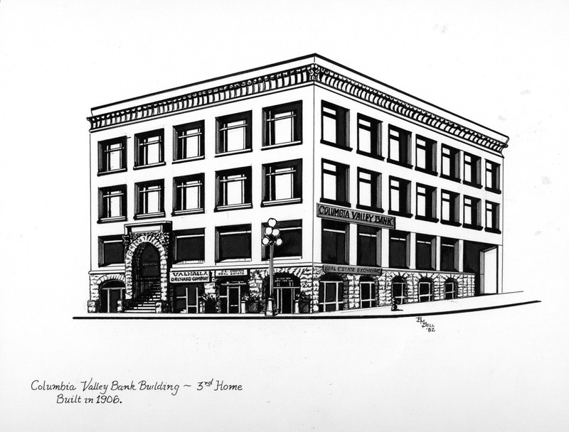 An illustration by artist Betty Bell of the third home of Columbia Valley Bank.