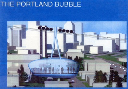 Computer generated image of clear tram floating in front of basic city skyline on a blue background. Text reads: Portland bubble.