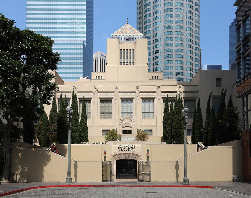 The South Hope Street entrance of the Los Angeles Central Library in downtown Los Angeles, California