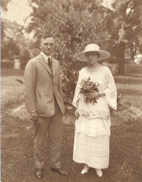 Harry and Bess Truman standing outside after their wedding