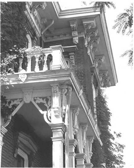1982 photo of detail of front porch columns and brackets, Ball House, by Harry Mohler