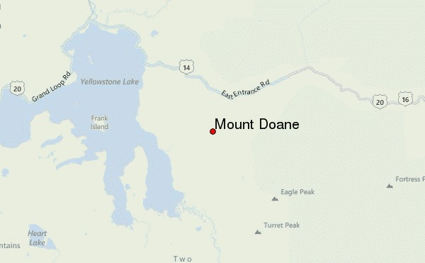 Map location of where Mount Doane is in Yellowstone National Park.