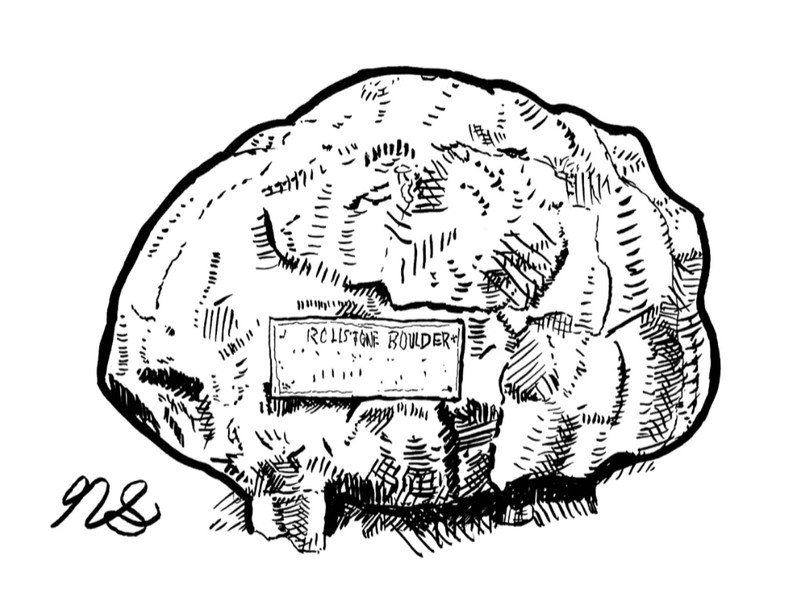 A black and white sketch of the Rollstone Boulder. The sketch features the front of the Rollstone Boulder which contains it's plaque. 