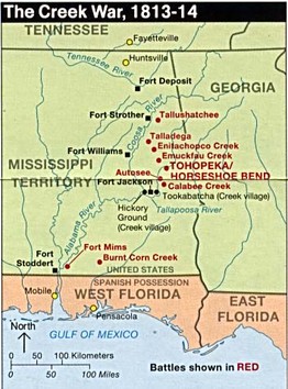 A map of Creek War Battle Sites from from the PCL Map Collection at the University of Texas at Austin.