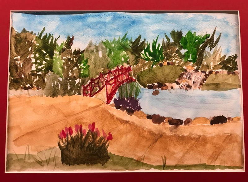 Watercolor of waterfall and pond area completed during public event.