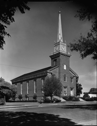 St. George Tabernacle east (front) and south elevations in 1968 photo by P. Kent Fairbanks (HABS UT-16) 