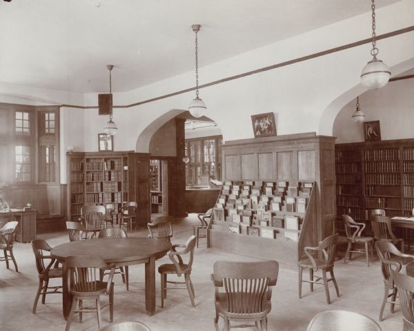 The interior of the Madison Wisconsin Public Library in 1905, funded by a Carnegie grant of $75,000.