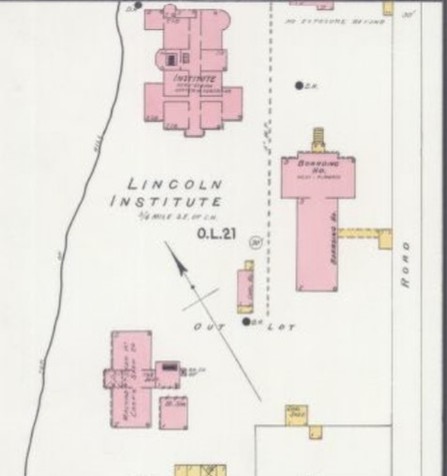 1898 map of Lincoln Institute campus with former buildings (red=brick, yellow=wood building) (Sanborn Map Company p. 7)