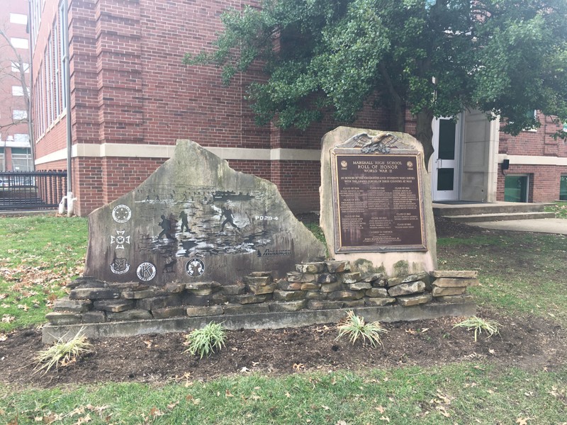 This monument placed beside Jenkins Hall honors students from the Marshall Lab School who served in the military during World War II.