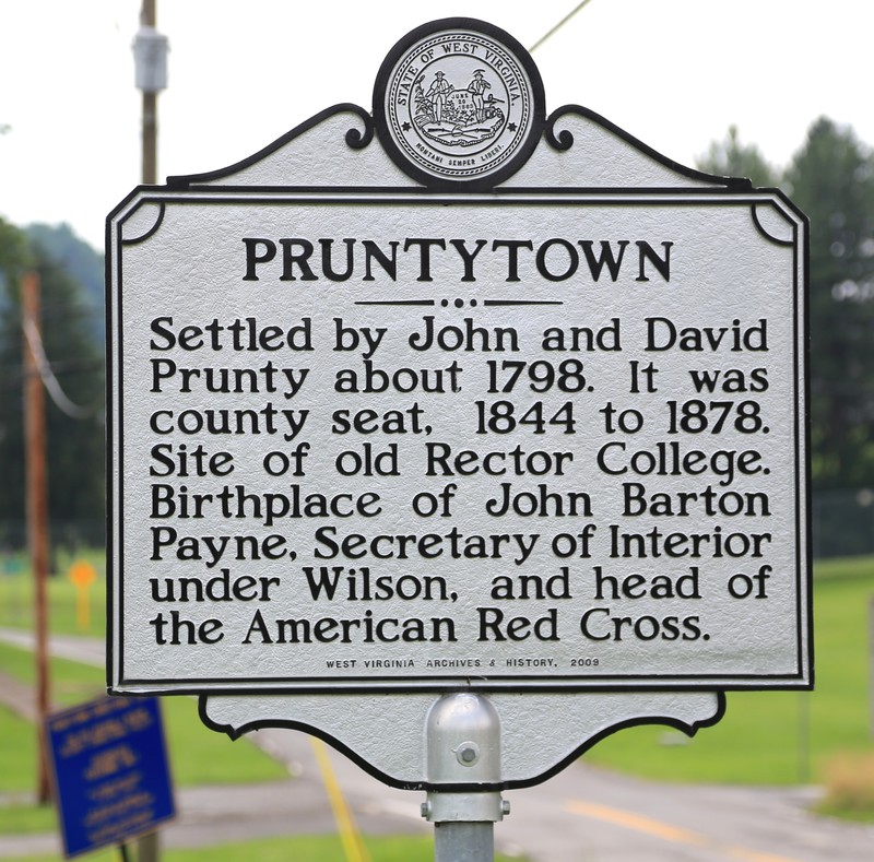 Historical marker to Pruntytown, which acknowledges Rector College