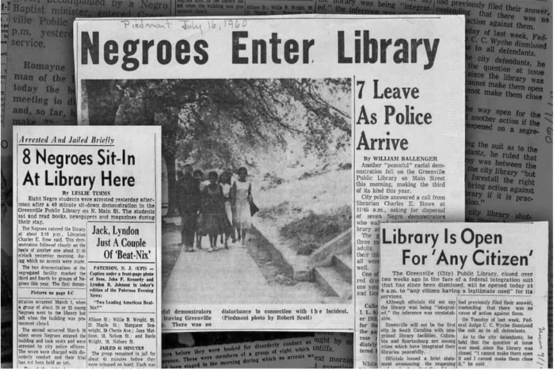 News articles about the Greenville Public Library sit-in