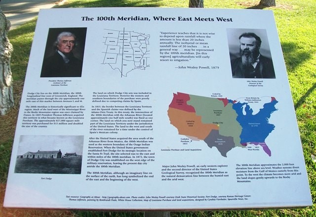 The historical marker provides an overview of the 100th Meridian Line.