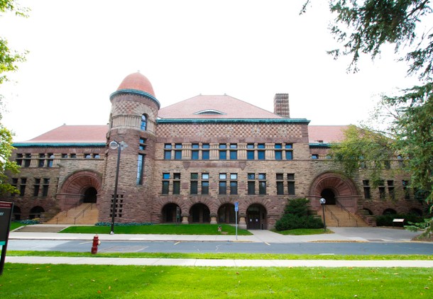 The facade of Pillsbury Hall, with its tower and entrance arches