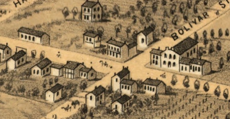 Porth House on 1869 Bird's Eye View Map of Jefferson City, with balcony and gable roof (Ruger)