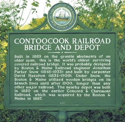 The historical marker for the Contoocook Depot and Covered Railroad Bridge.
