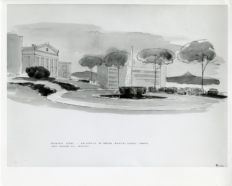 An architect's rendering depicts a round modernist fountain with a tall plume of water visible in front of campus buildings and trees.