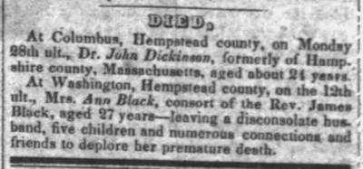 Obituary of Anne Black in the Arkansas Gazette on October 6, 1835