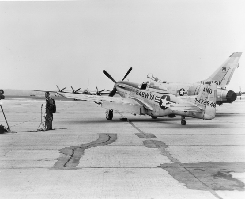 The last North American Aviation P-51 Mustangs in squadron service with the USAF were retired from the 167th Fighter Bomber Squadron, WV ANG on January 27, 1957. Aircraft No. 948 or “Wham Bam,” was reclaimed by the National Museum of the United States Air Force and is on display at the WV ANG Headquarters, in Charleston, WV.