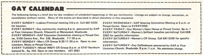 Weekly events organized by Gay Alternatives Pittsburgh the same year as Pittsburgh's first Pride.