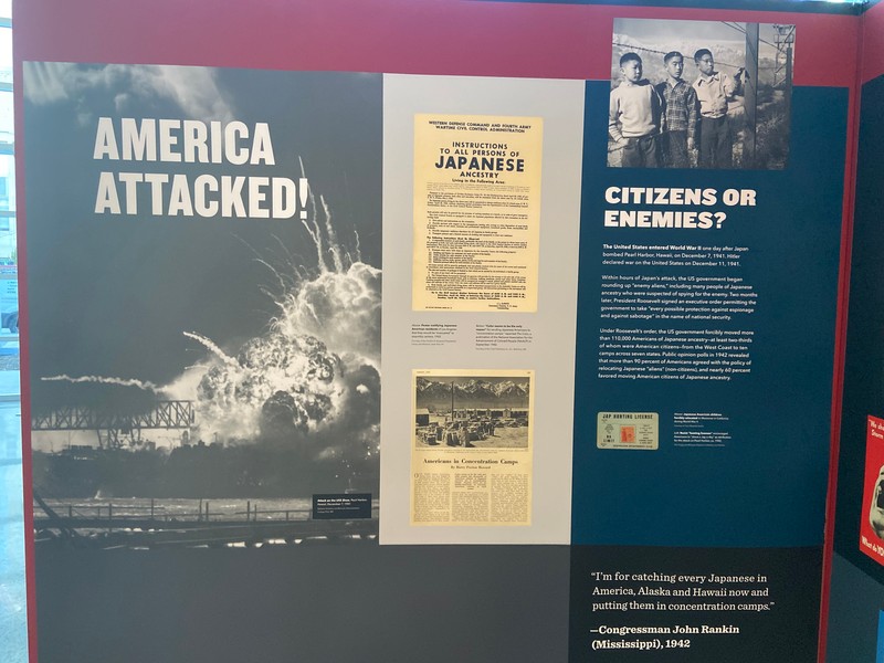 A black and white image of the attack on Pearl Harbor and the USS Shaw engulfed in flames, and a black and white image of Japanese Americans behind the barbed wire fence of a concentration camp.