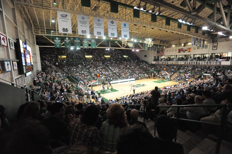 The basketball arena can hold a little over 9,000 people.