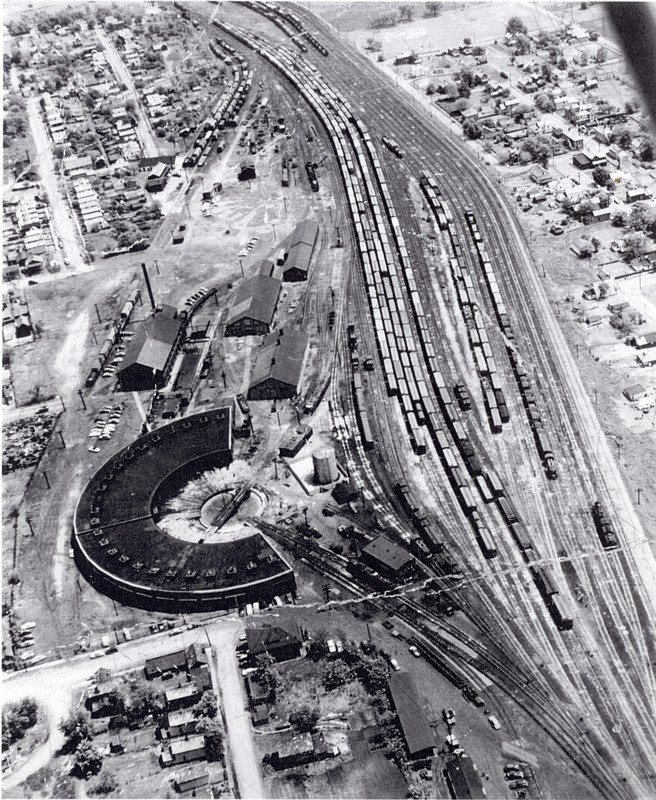 An aerial view of the B&O roundhouse and rail yard.