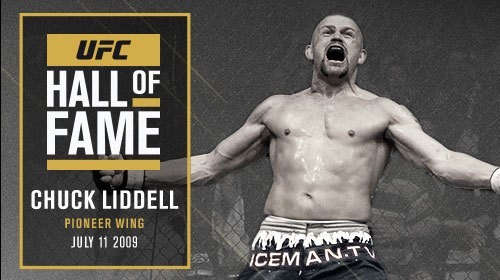 This image is Chuck Liddell’s picture for the UFC Hall of Fame. This image of him celebrating after a devastating knockout is a legendary moment for the UFC. Chuck Liddell is one of the men that helped shape the UFC into what it is today. In the early 2000’s Chuck Liddell was easily the highest profile MMA fighter on the planet. He was also the UFC Light Heavy Weight Champion for quite some time. His mohawk, head tattoo and overall fighting mentality perfectly described the era that was the UFC was in during is hay day. His vintage blue, “ICE Man” shorts are also present in the picture. IT is important to remember that Chuck Liddell is an early pioneer in the sport of MMA. Chuck Liddell represented the era well and he is one of the fighters of the era who deserved a spot in the Hall of Fame without a doubt. His vicious knockout power and drive to win is something MMA fans will always remember. 