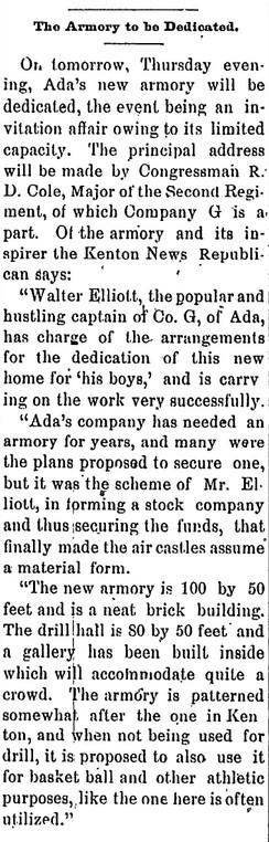 Newspaper article from 1905 describing the details of the day the Armory was dedicated