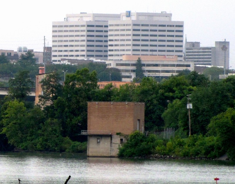 The TVA Towers, viewed from the Island Home Airport in Knoxville, TN, USA. The Tennessee River is in the foreground.