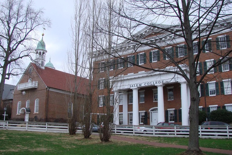 View of both the Home Moravian Church and Salem College Main Hall. Salem College was founded as a Moravian girls' school in 1772.