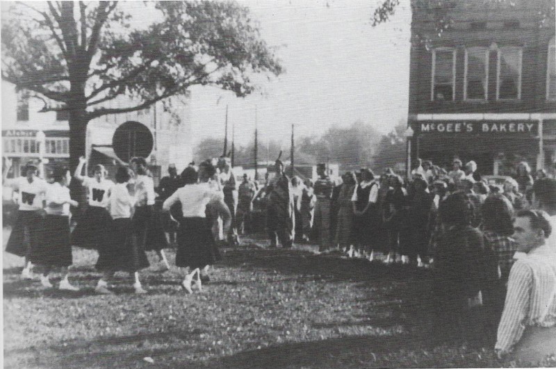 Crowd, grass, sky, buildings