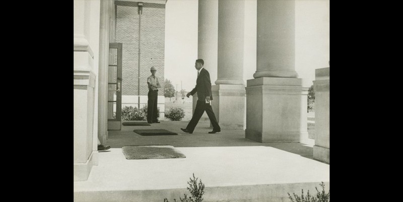 Dave Mack McGlathery entering Morton Hall at the University of Alabama in Huntsville, on the day he enrolled as the first African American student at the school.