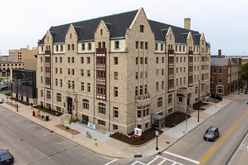 Green Bay YMCA. The 2020 photo shows the newest addition to the building: the large, glass atrium.