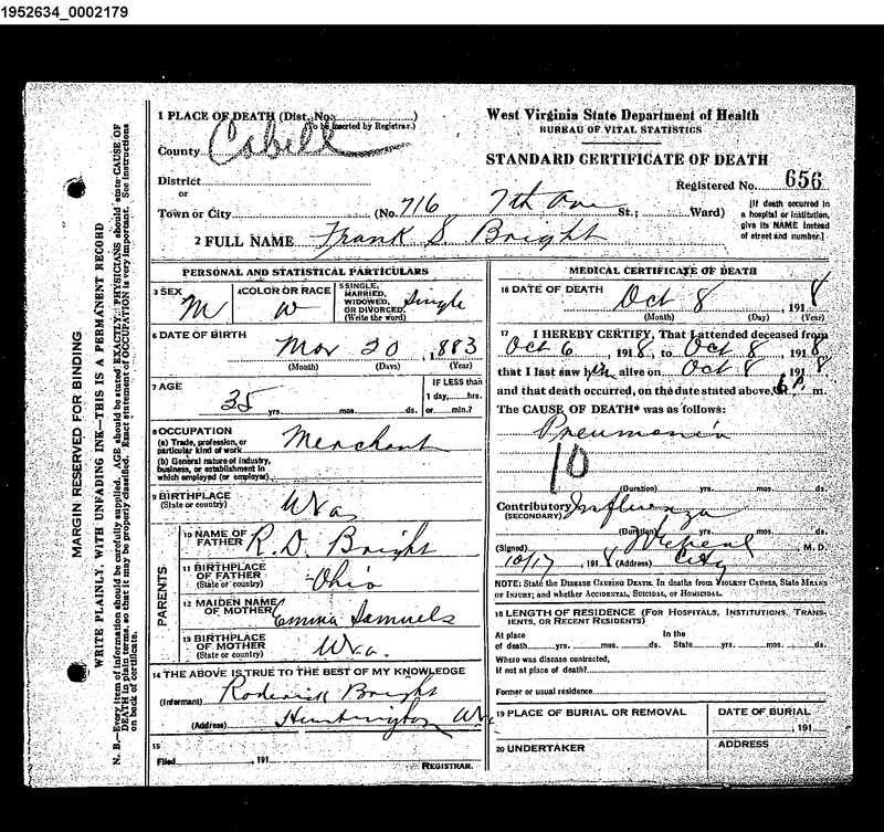 Frank Bright death certificate