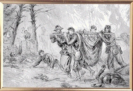 Sketch of Union soldiers trying to save their wounded comrades from the raging forest fire caused by the heavy fighting that went on all day and into the evening.