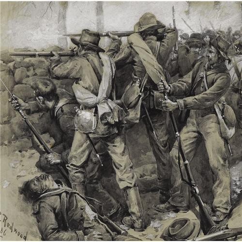 Painting of Confederate soldiers firing from the stone wall