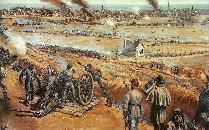Battle of Fredeircksburg as it would have seen by those behind the Confederate artillery. The house in the center, is the Innis House