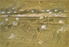 Alfred Waud's sketch of men under Union General Andrew Humphreys charging the stone wall