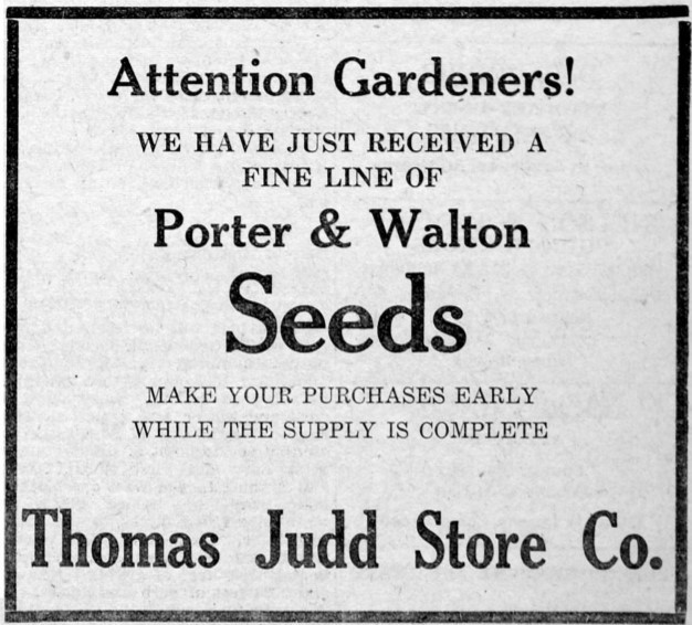 1928 newspaper ad for seeds at Thomas Judd Store Co. 