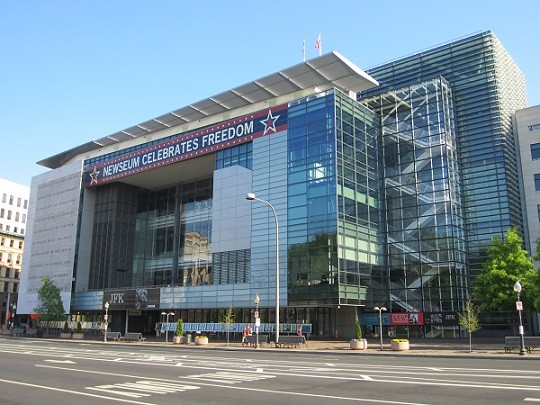 The facade of the Newseum is meant to provide a "window on the world" for both passersby and visitors.