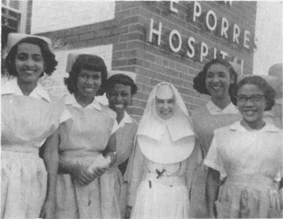 Sister Mary Celeste, R.S.M., first administrator, and nurse's aides (no date, pre-1964)