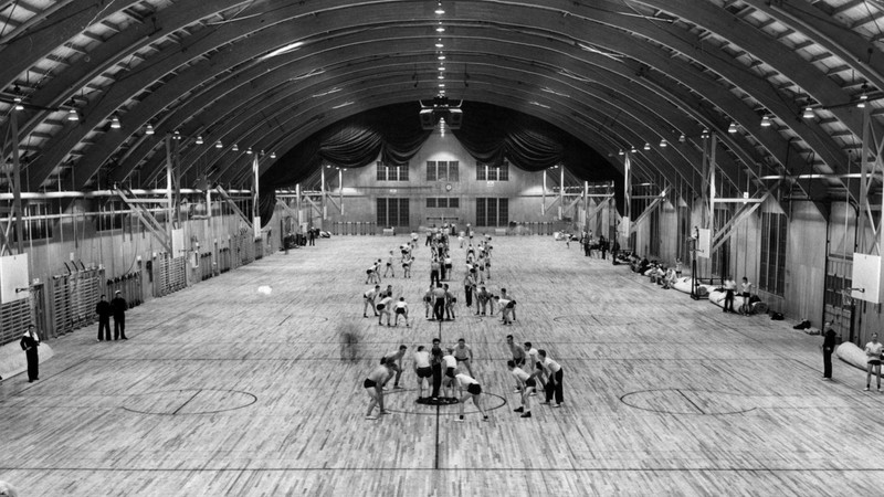 The gym and drill hall for the Navy facility in November 1942. Chicago Tribune photo.