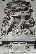 "Defense" - a sculpture created by Henry Hering to commemorate the event. The sculpture depicts an officer from the Fort fighting with some
Potawatomie warriors while an allegorical angel surveys the scene from above. 