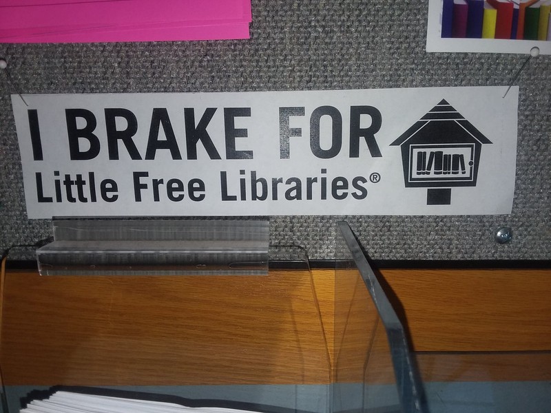 Bumper sticker on bulletin board at the Stoughton (Wisconsin) Public Library