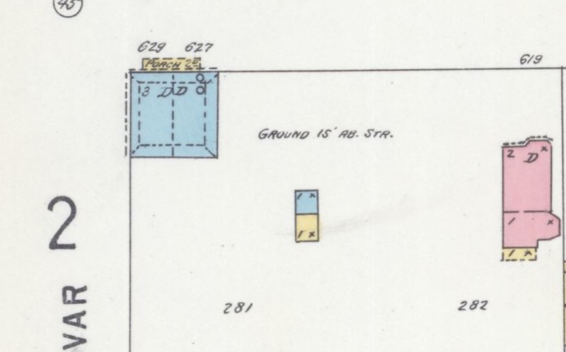 Porth House (blue=stone) as a duplex on 1898 Sanborn map p. 2 (Sanborn Map Company)