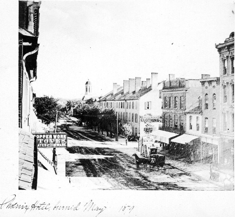 The Phoenix Hotel burning down in 1879. This was the second fire at this location, with the first coming at the beginning of the century with the burning down of Postlethwait's Tavern.