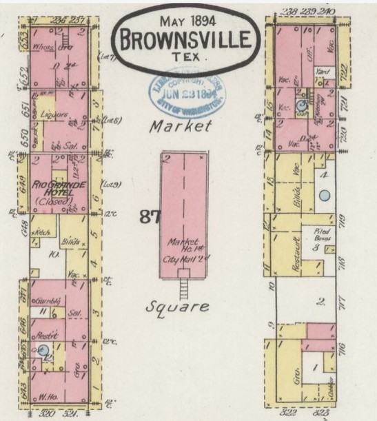 Market Square (center) on 1894 Sanborn map of Brownsville (p. 4)