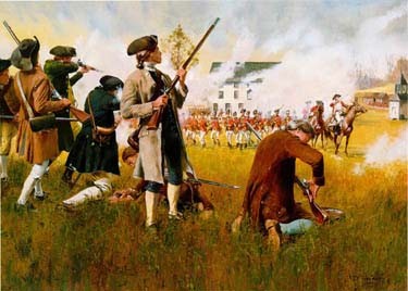 "Stand Your Ground" depicts the first fighting of the Revolution on Lexington Common (Oil on hardboard, by Don Troiani, 1985)